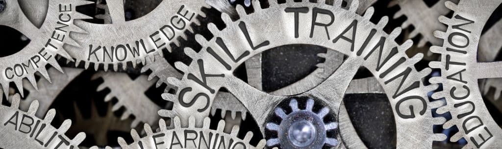 cogs intersecting, showing labels of knowledge, training, skills