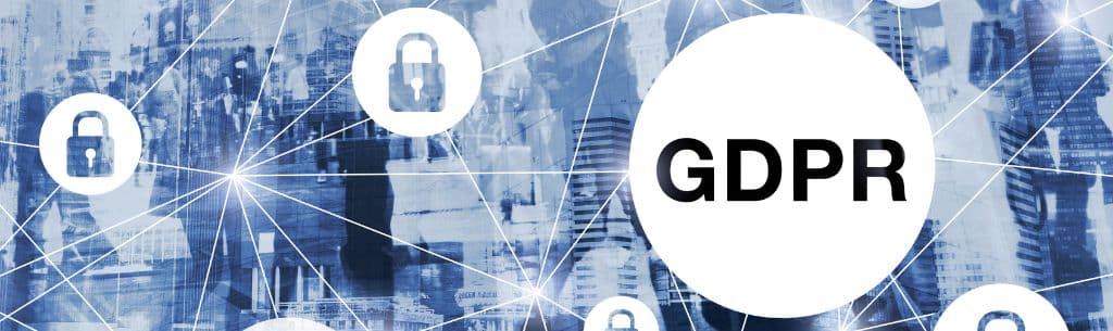 A busy cityscape faded behind a network showing padlocks and the word GDPR